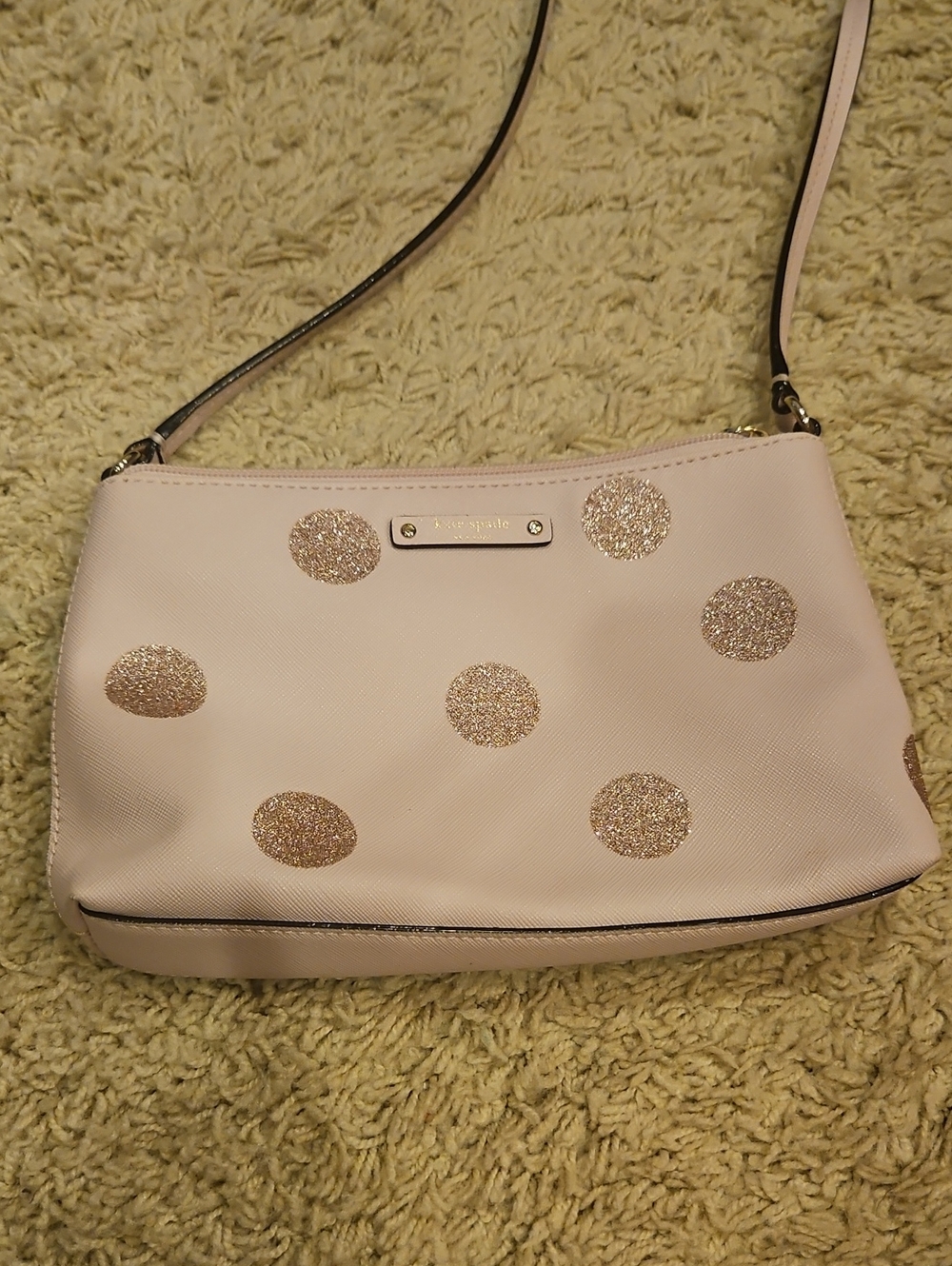 kate spade pale pink crossbody with gold glitter polka dots